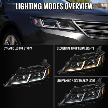 2014-2020 Chevy Impala LED DRL Sequential Projector Headlights (Matte Black Housing / Clear Lens)