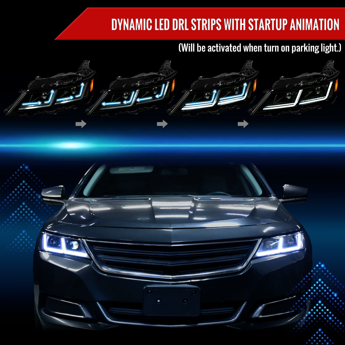 2014-2020 Chevy Impala LED DRL Sequential Project Headlights (Black Housing / Smoked Lens)