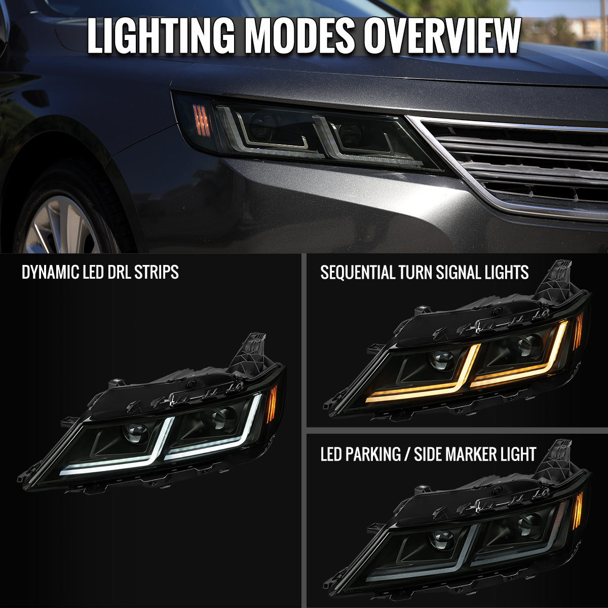 2014-2020 Chevy Impala LED DRL Sequential Project Headlights (Black Housing / Smoked Lens)