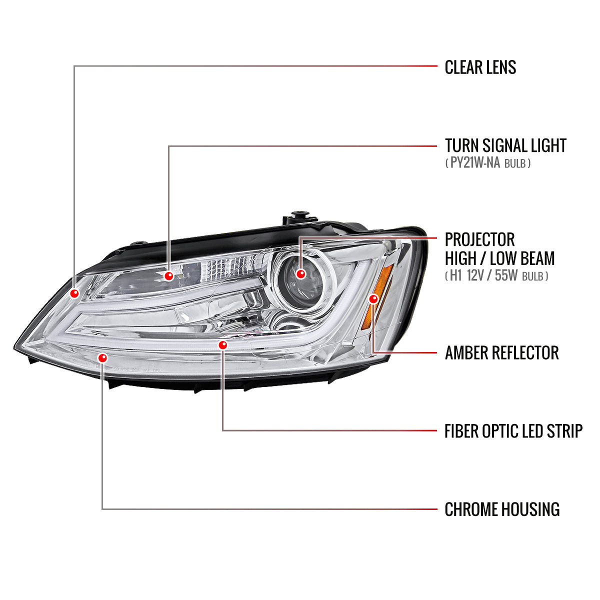 2011-2018 Volkswagen Jetta MK6 LED Bar Projector Headlights (Chrome Housing/Clear Lens)