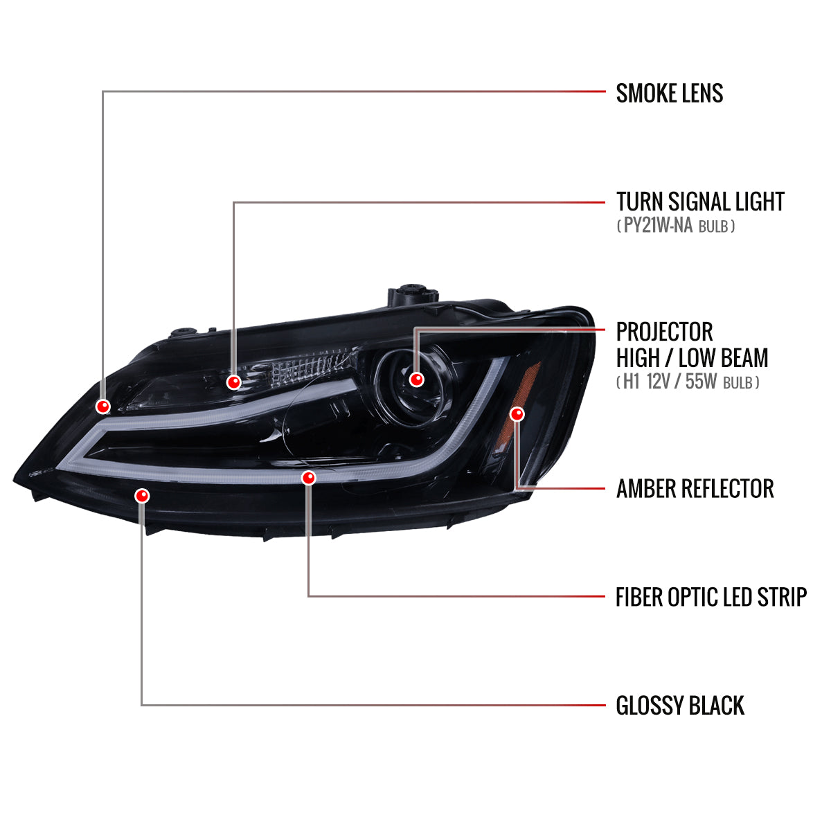2011-2018 Volkswagen Jetta MK6 LED Bar Projector Headlights (Glossy Black Housing/Smoked Lens)