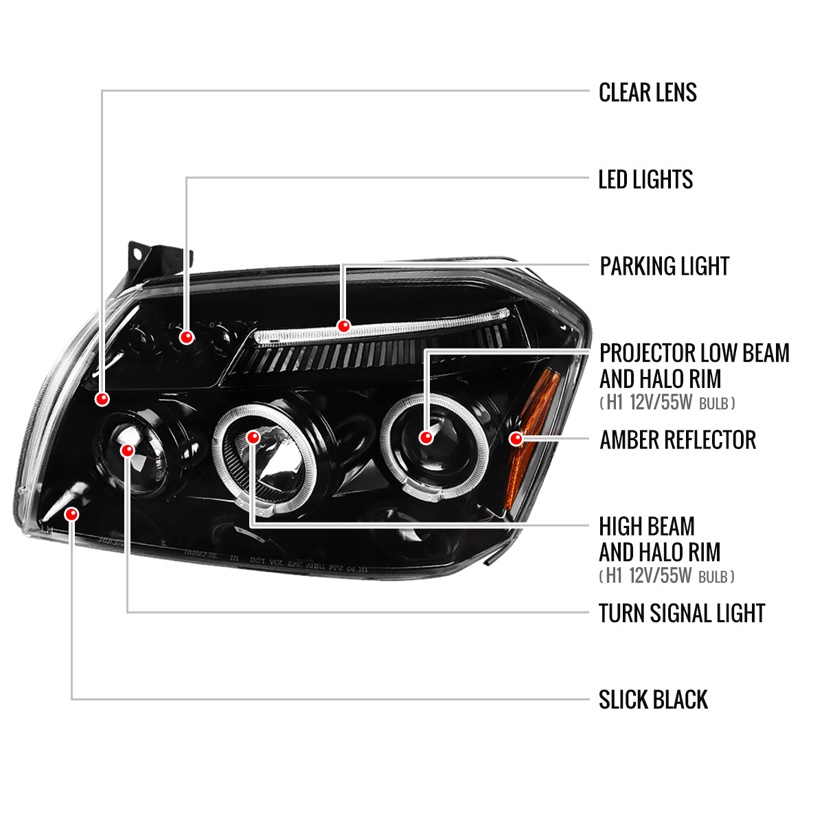 2005-2007 Dodge Magnum Dual Halo Projector Headlights (Jet Black Housing/Clear Lens)