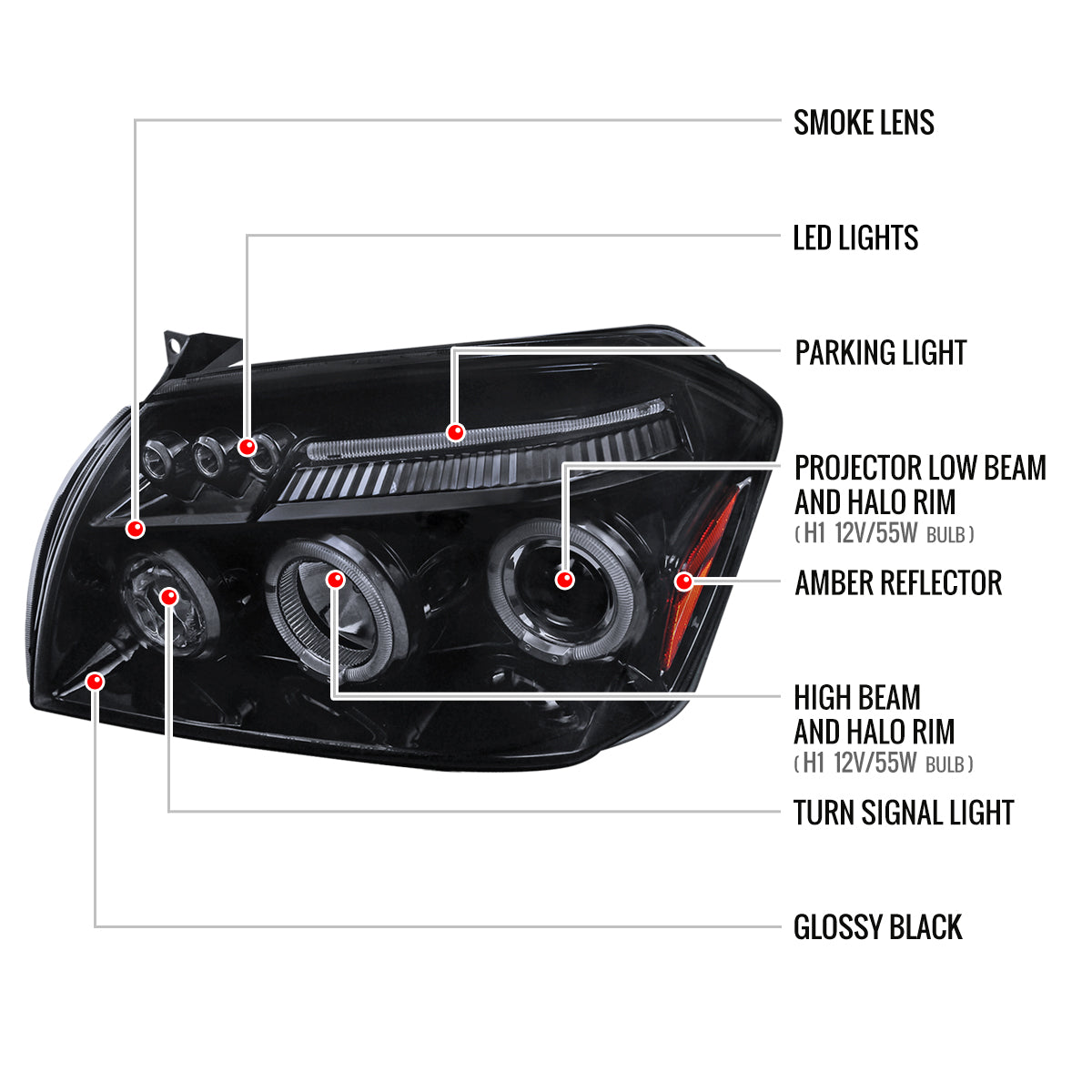 2005-2007 Dodge Magnum Dual Halo Projector Headlights (Glossy Black Housing/Smoked Lens)