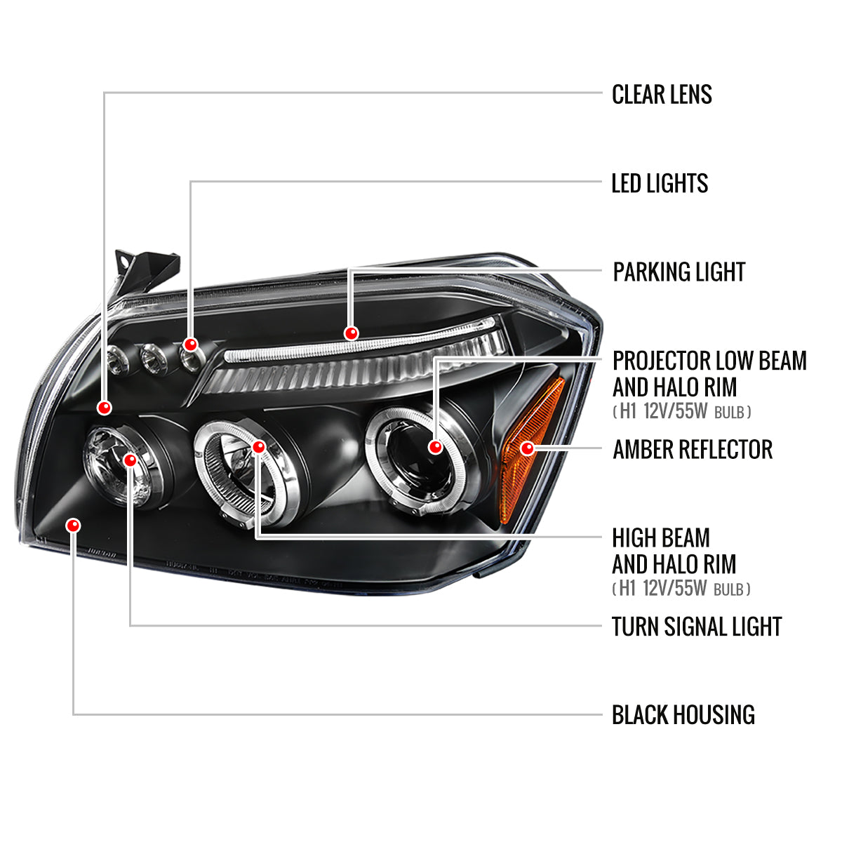 2005-2007 Dodge Magnum Dual Halo Projector Headlights (Matte Black Housing/Clear Lens)
