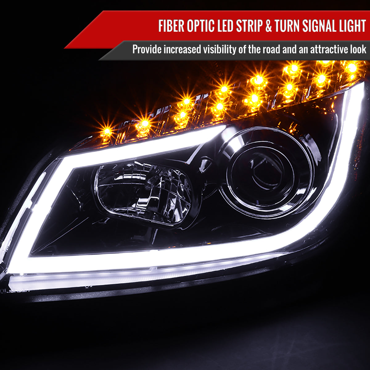 2008-2012 Chevrolet Malibu LS LT LTZ Hybrid LED Bar Projector Headlights w/ LED Turn Signal Lights (Glossy Black Housing/Smoked Lens)
