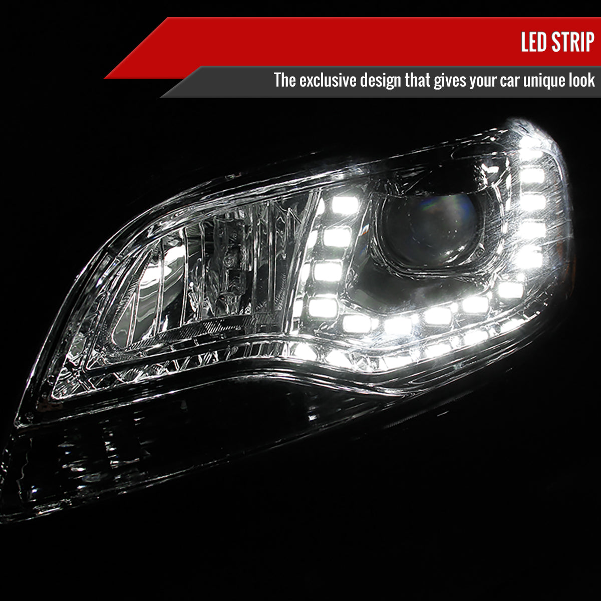 2013-2015 Chevrolet Malibu Projector Headlights w/ LED Light Strip (Chrome Housing/Clear Lens)