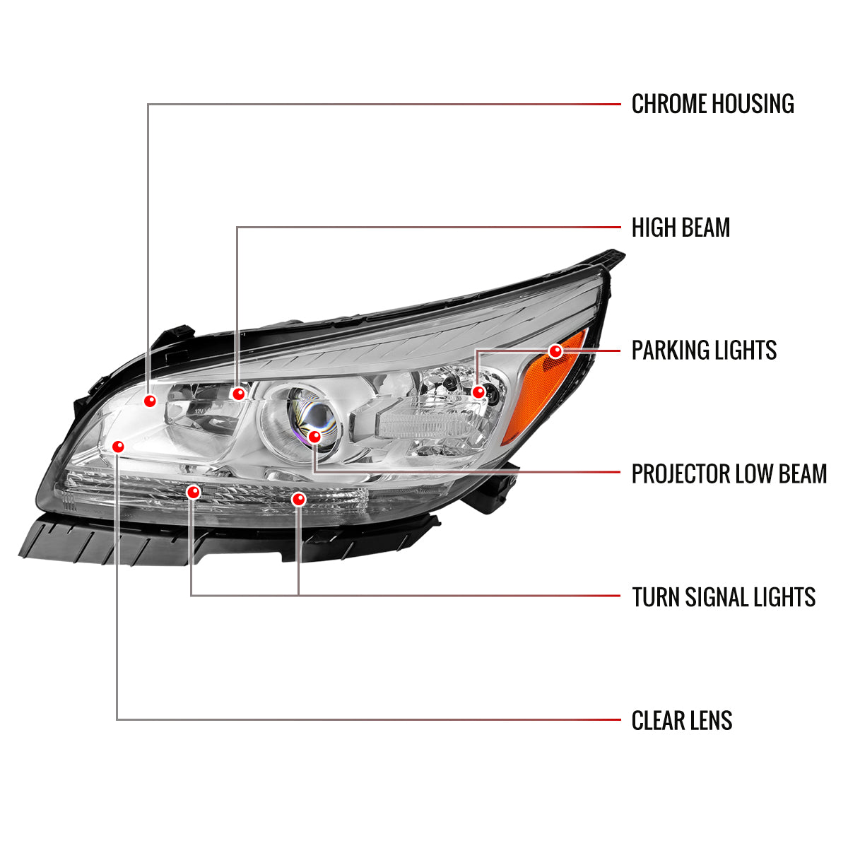 2013-2015 Chevrolet Malibu / 2016 Malibu Limited Clear Lens Projector Headlight w/ Amber Reflector - Driver Side Only