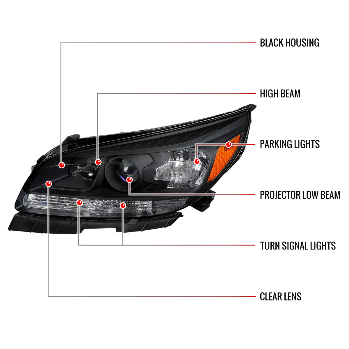 2013-2016 Chevrolet Malibu Projector Headlights (Matte Black Housing/Clear Lens)
