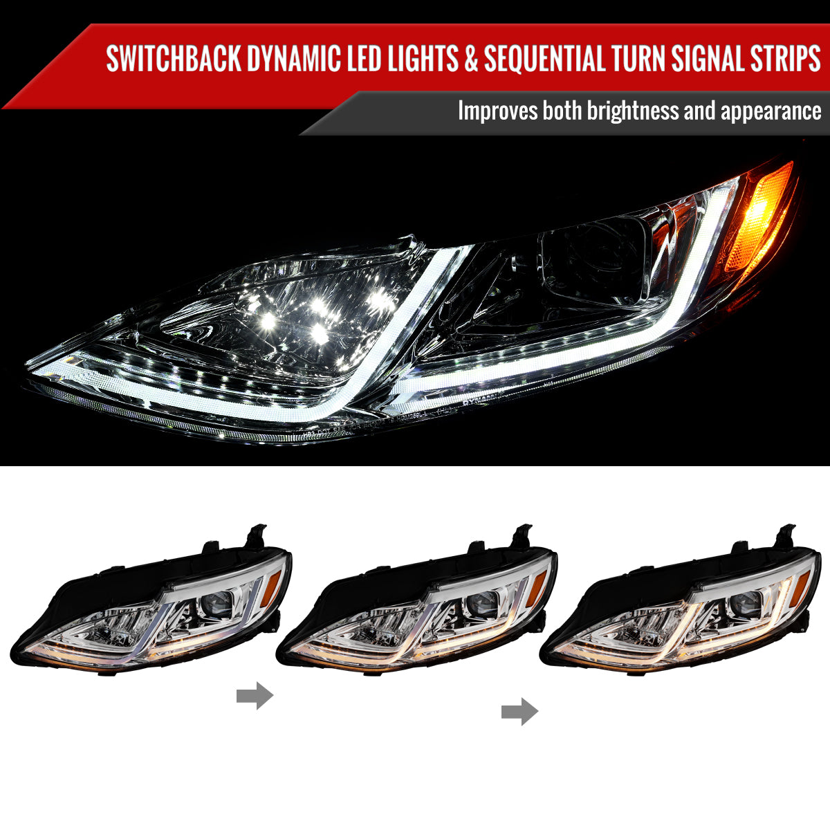 2019-2024 Chevrolet Malibu Switchback Sequential LED Turn Signal Projector Headlights (Chrome Housing/Clear Lens)