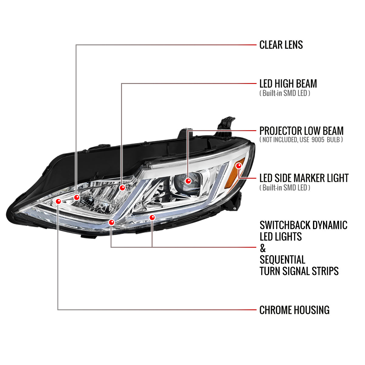 2019-2024 Chevrolet Malibu Switchback Sequential LED Turn Signal Projector Headlights (Chrome Housing/Clear Lens)