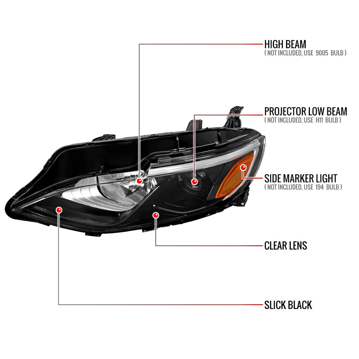 2019-2024 Chevrolet Malibu Factory Style Projector Left Driver Side Headlight (Glossy Black Housing/Clear Lens)