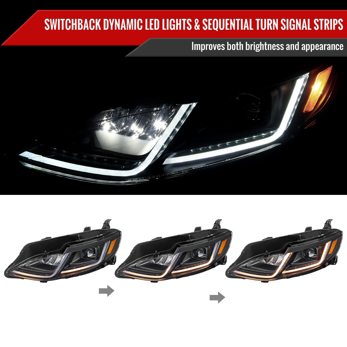 2019-2024 Chevrolet Malibu Switchback Sequential LED Turn Signal Projector Headlights (Matte Black Housing/Clear Lens)