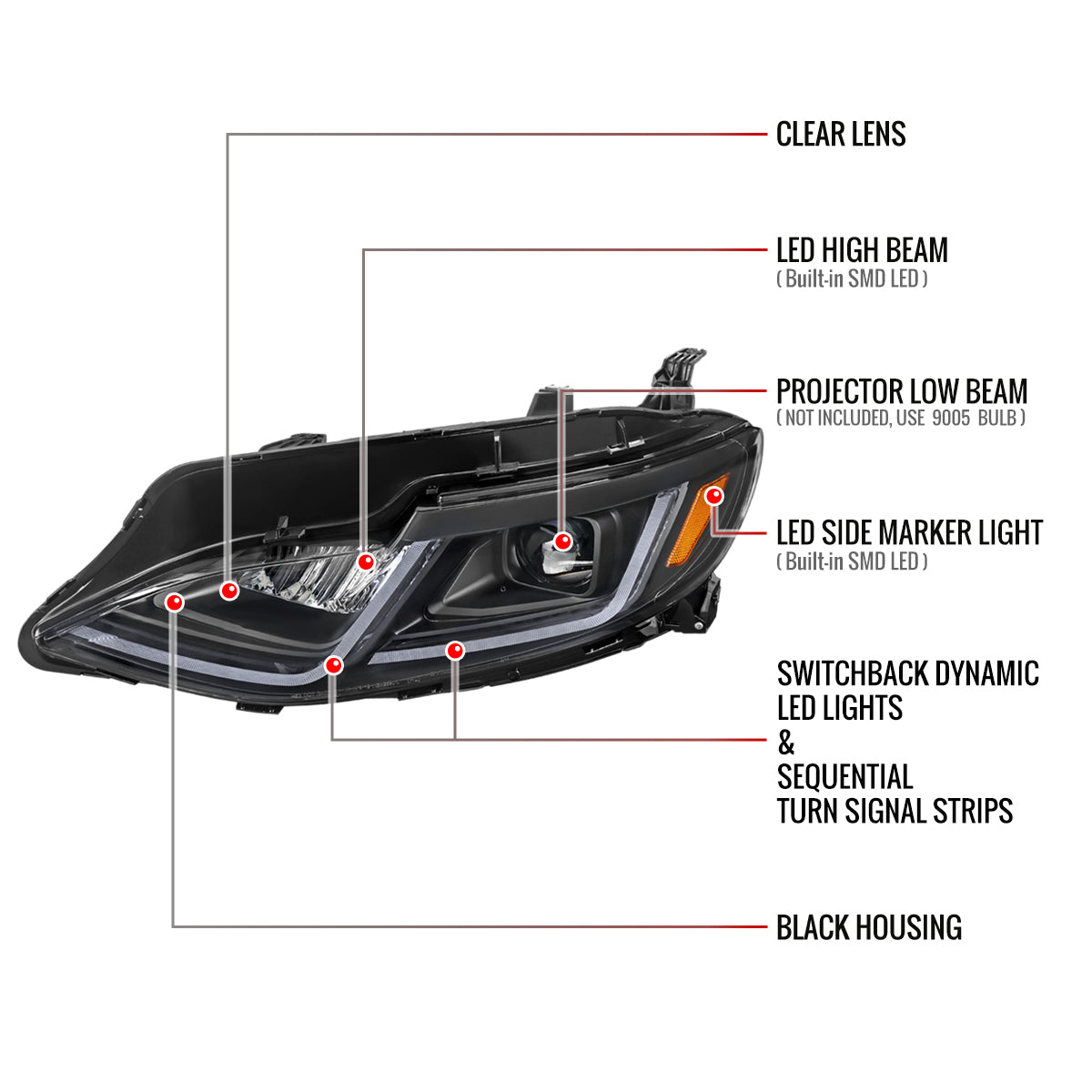 2019-2024 Chevrolet Malibu Switchback Sequential LED Turn Signal Projector Headlights (Matte Black Housing/Smoked Lens)