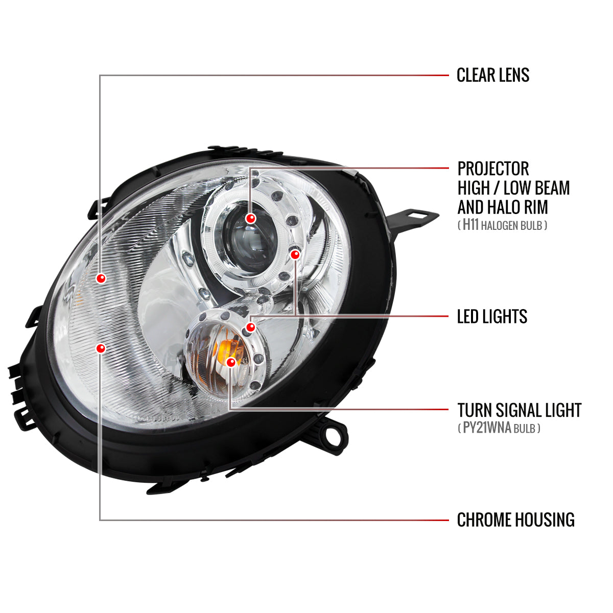 2007-2015 Mini Cooper R55 R56 R57 R58 R59 Single Halo Projector Headlights (Chrome Housing/Clear Lens)