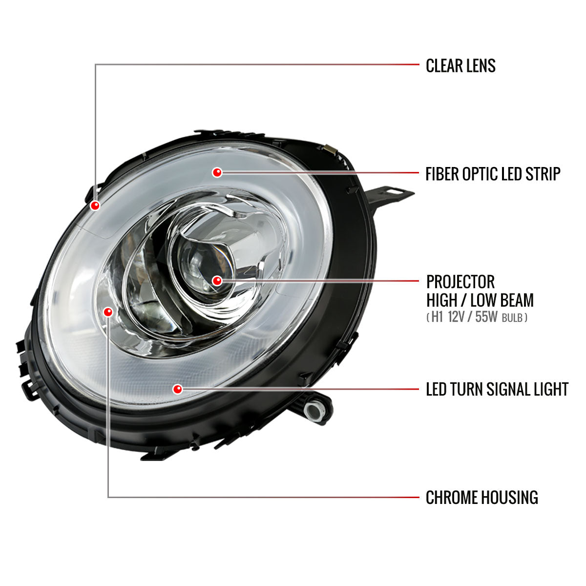 2007-2015 Mini Cooper R55 R56 R57 R58 R59 Projector  Headlights w/ LED Turn Signal Lights (Chrome Housing/Clear Lens)
