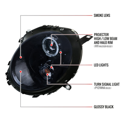 2007-2015 Mini Cooper R55 R56 R57 R58 R59 Halo Projector Headlights (Glossy Black Housing/Smoked Lens)