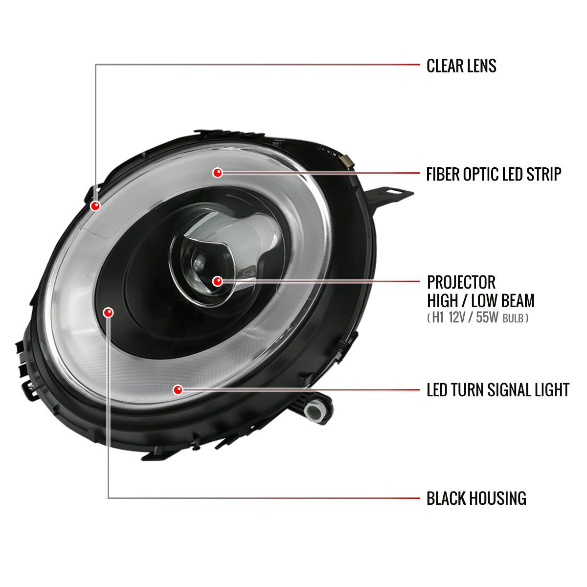 2007-2015 Mini Cooper R55 R56 R57 R58 R59 Projector  Headlights w/ LED Turn Signal Lights (Matte Black Housing/Clear Lens)