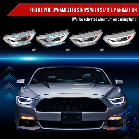 2015-2017 Ford Mustang / 2018-2020 Mustang Shelby LED Bar Xenon HID Projector Headlights (Chrome Housing/Clear Lens)