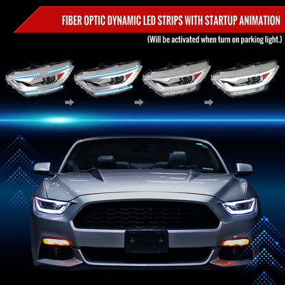 2015-2017 Ford Mustang/2018-2020 Mustang Shelby HID/Xenon Switchback Sequential LED Turn Signal Projector Headlights (Chrome Housing/Clear Lens)