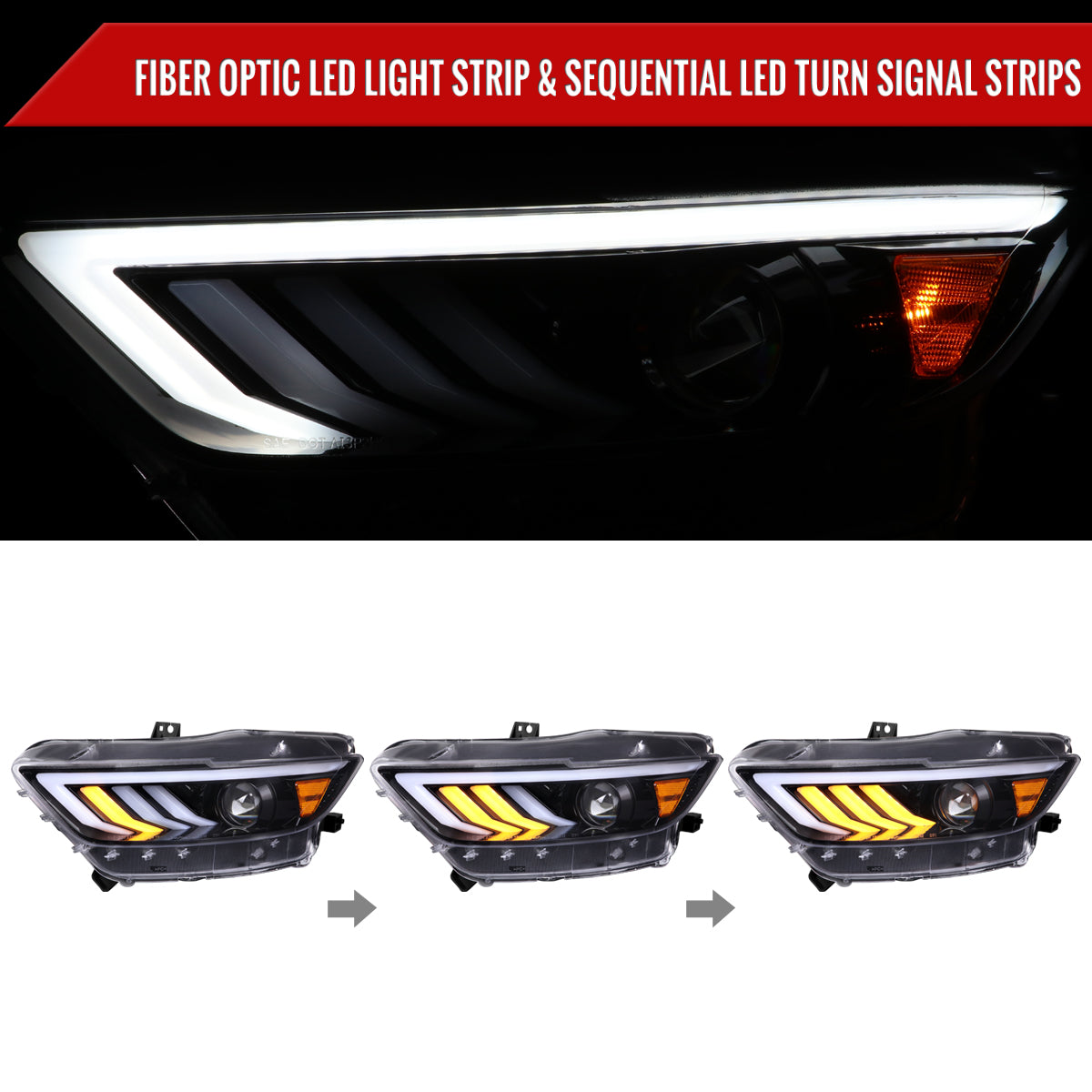 2015-2017 Ford Mustang HID-Type  LED Sequential Turn Signal Projector Headlights (Jet Black Housing/Clear Lens)
