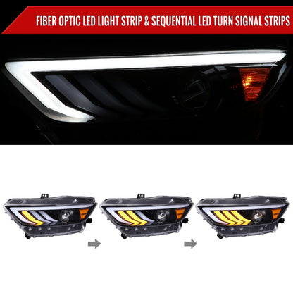 2015-2017 Ford Mustang HID-Type  LED Sequential Turn Signal Projector Headlights (Jet Black Housing/Clear Lens)