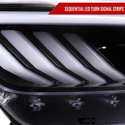 2015-2017 Ford Mustang HID-Type  LED Sequential Turn Signal Projector Headlights (Jet Black Housing/Clear Lens)