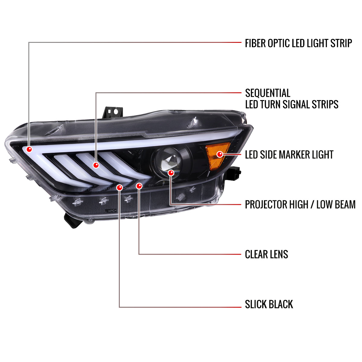 2015-2017 Ford Mustang HID-Type  LED Sequential Turn Signal Projector Headlights (Jet Black Housing/Clear Lens)