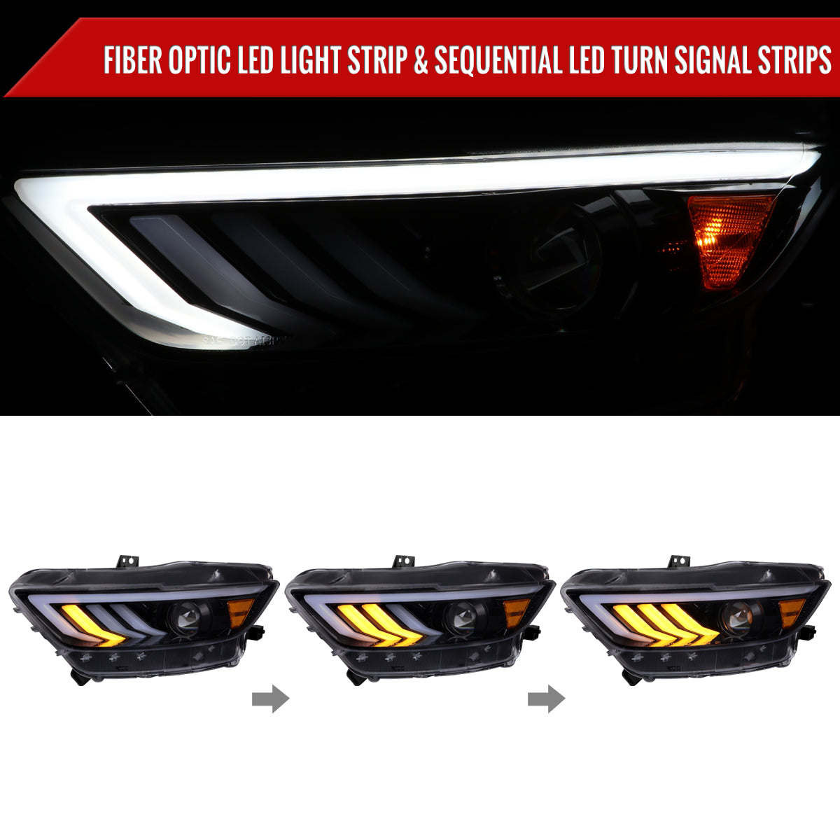 2015-2017 Ford Mustang HID-Type  LED Sequential Turn Signal Projector Headlights (Glossy Black Housing/Smoked Lens)
