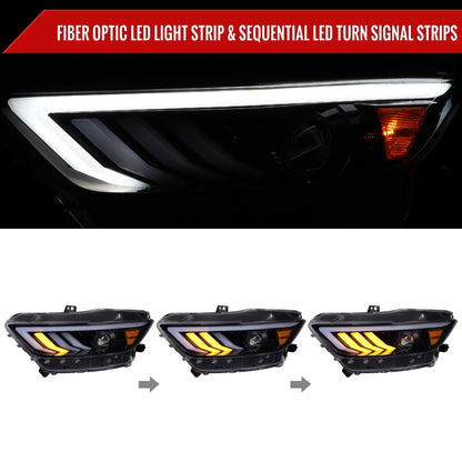 2015-2017 Ford Mustang HID-Type  LED Sequential Turn Signal Projector Headlights (Glossy Black Housing/Smoked Lens)