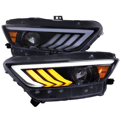 2015-2017 Ford Mustang HID-Type  LED Sequential Turn Signal Projector Headlights (Glossy Black Housing/Smoked Lens)