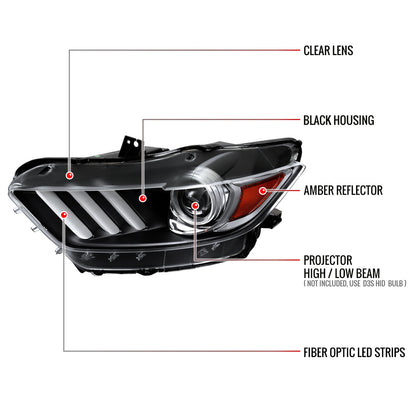 2015-2017 Ford Mustang / 2018-2020 Mustang Shelby LED Strip Xenon HID Projector Headlights - Driver Side Only (Matte Black Housing/Clear Lens)