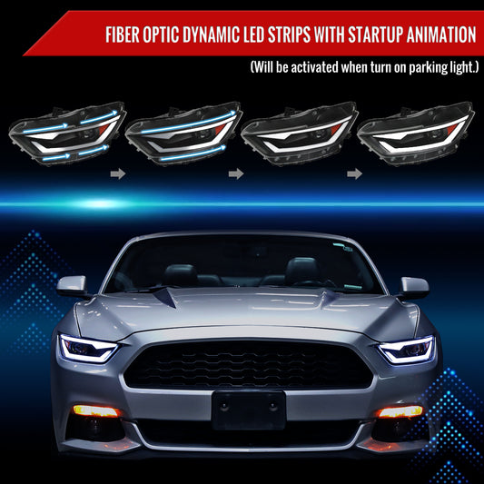 2015-2017 Ford Mustang / 2018-2020 Mustang Shelby LED Bar Xenon HID Projector Headlights (Matte Black Housing/Clear Lens)