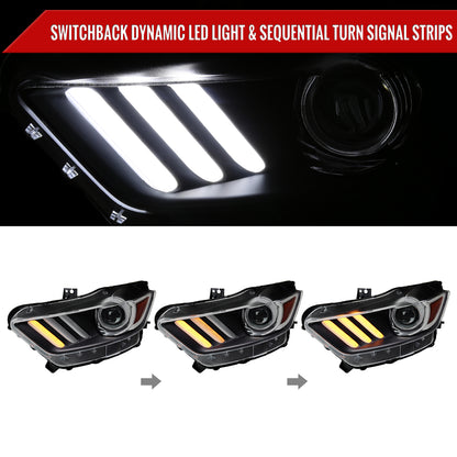 2015-2017 Ford Mustang HID/Xenon Switchback Sequential LED Turn Signal Projector Headlights (Matte Black Housing/Clear Lens)