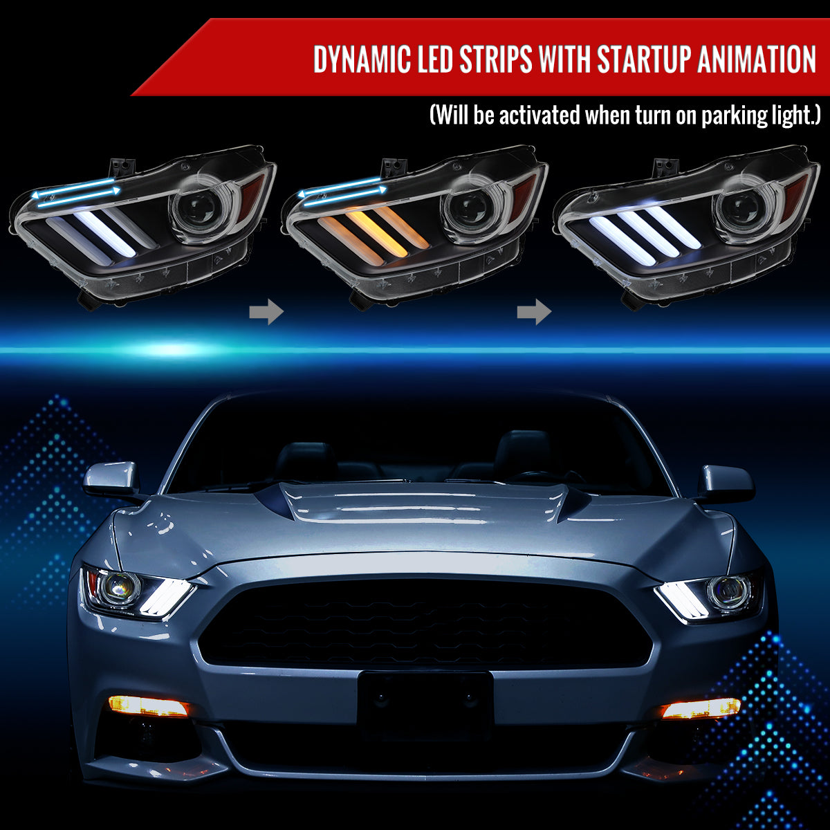 2015-2017 Ford Mustang HID/Xenon Switchback Sequential LED Turn Signal Projector Headlights (Matte Black Housing/Clear Lens)