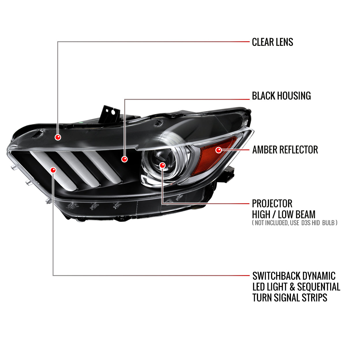 2015-2017 Ford Mustang HID/Xenon Switchback Sequential LED Turn Signal Projector Headlights (Matte Black Housing/Clear Lens)