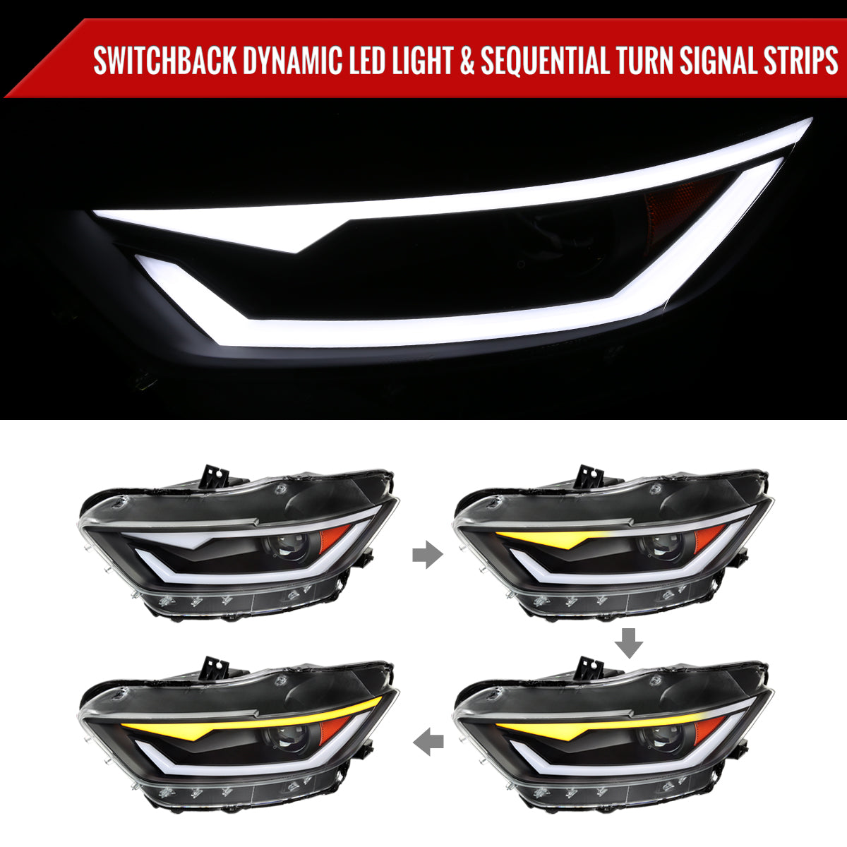 2015-2017 Ford Mustang/2018-2020 Mustang Shelby HID/Xenon Switchback Sequential LED Turn Signal Projector Headlights (Matte Black Housing/Clear Lens)