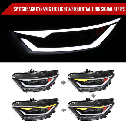 2015-2017 Ford Mustang/2018-2020 Mustang Shelby HID/Xenon Switchback Sequential LED Turn Signal Projector Headlights (Matte Black Housing/Clear Lens)
