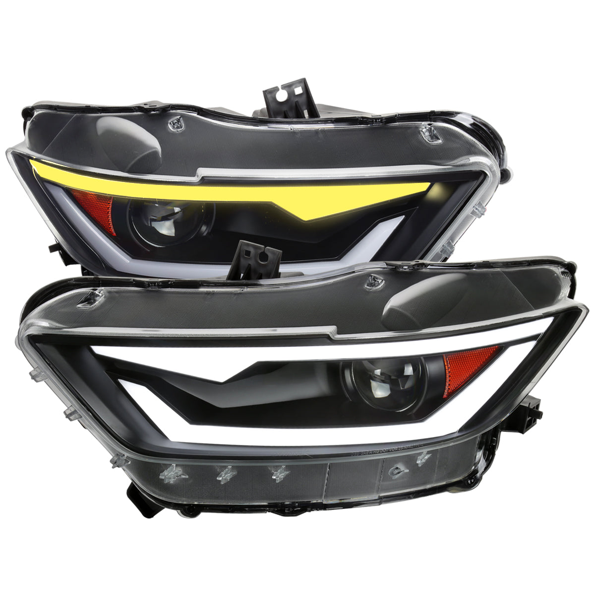 2015-2017 Ford Mustang/2018-2020 Mustang Shelby HID/Xenon Switchback Sequential LED Turn Signal Projector Headlights (Matte Black Housing/Clear Lens)