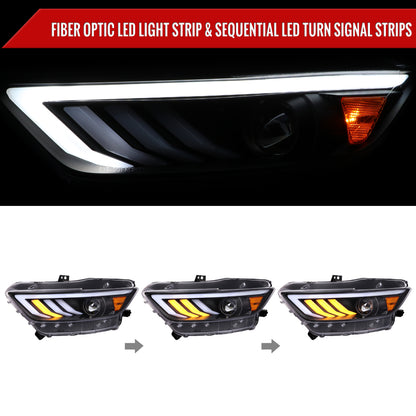 2015-2017 Ford Mustang HID-Type  LED Sequential Turn Signal Projector Headlights (Matte Black Housing/Clear Lens)
