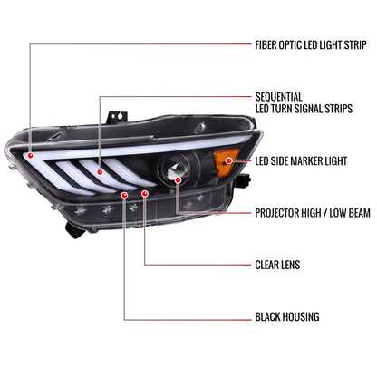 2015-2017 Ford Mustang HID-Type  LED Sequential Turn Signal Projector Headlights (Matte Black Housing/Clear Lens)