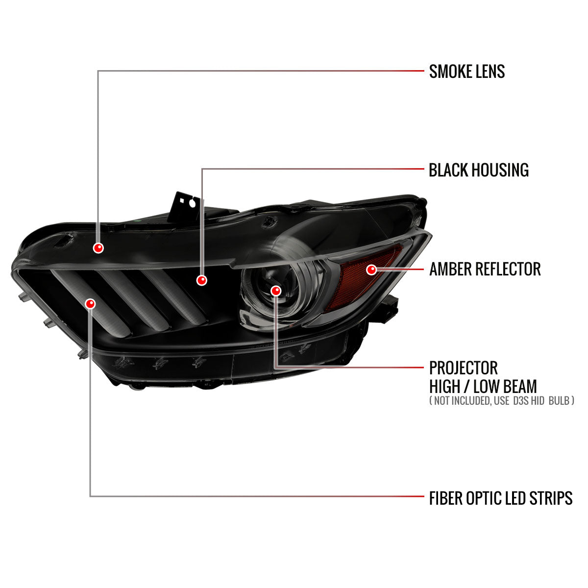 2015-2017 Ford Mustang / 2018-2020 Mustang Shelby LED Strip Xenon HID Projector Headlights (Black Housing/Smoked Lens)