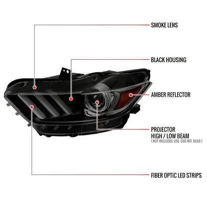 2015-2017 Ford Mustang / 2018-2020 Mustang Shelby LED Strip Xenon HID Projector Headlights (Black Housing/Smoked Lens)