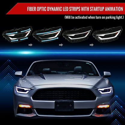2015-2017 Ford Mustang / 2018-2020 Mustang Shelby LED Bar Xenon HID Projector Headlights (Black Housing/Smoked Lens)