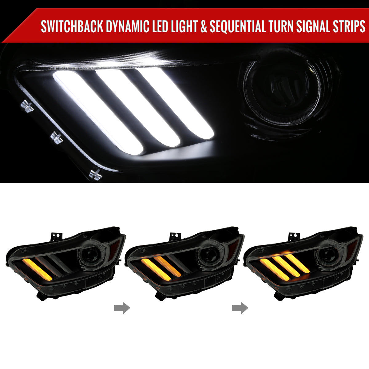 2015-2017 Ford Mustang HID/Xenon Switchback Sequential LED Turn Signal Projector Headlights (Matte Black Housing/Smoked Lens)