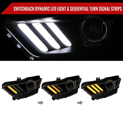 2015-2017 Ford Mustang HID/Xenon Switchback Sequential LED Turn Signal Projector Headlights (Matte Black Housing/Smoked Lens)