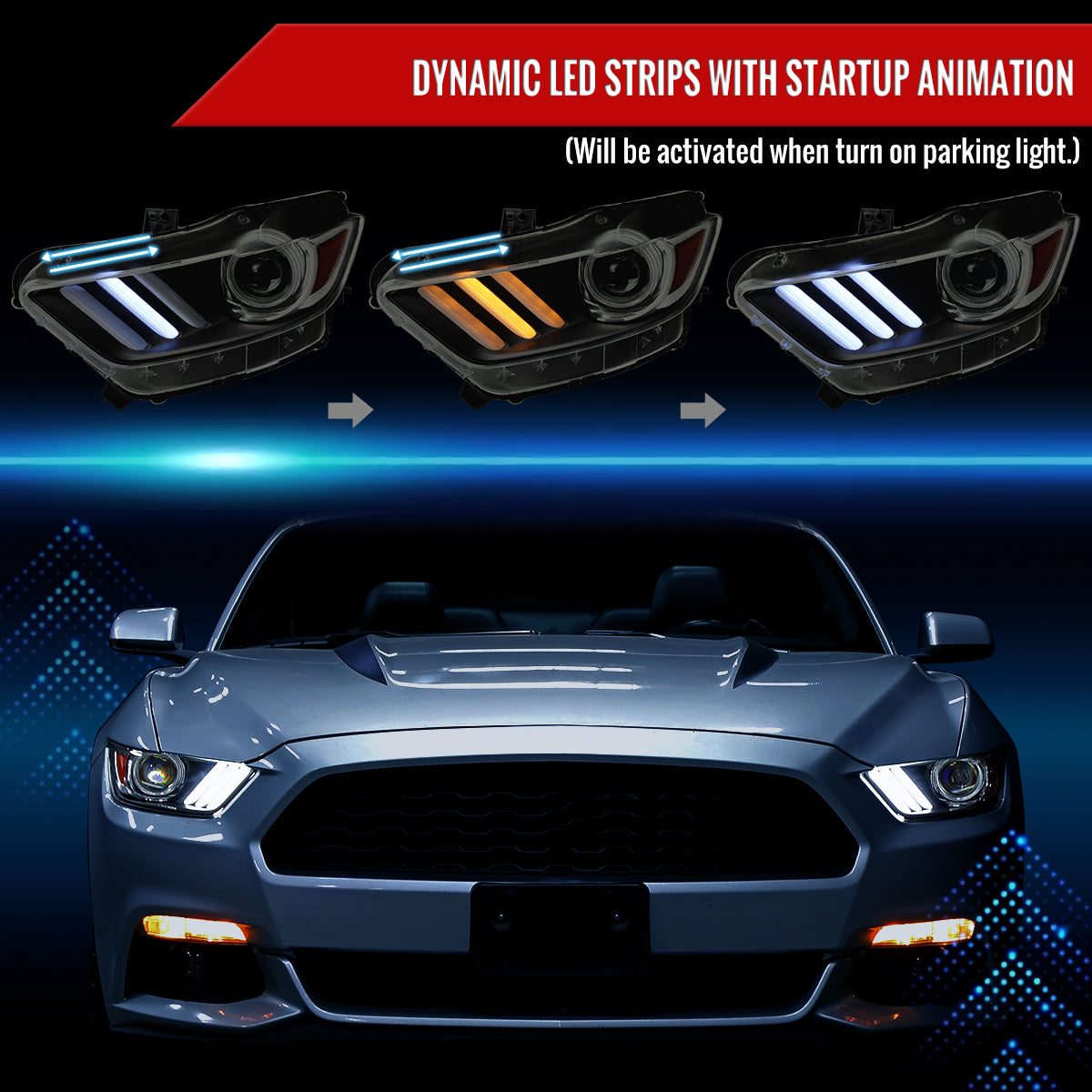 2015-2017 Ford Mustang HID/Xenon Switchback Sequential LED Turn Signal Projector Headlights (Matte Black Housing/Smoked Lens)