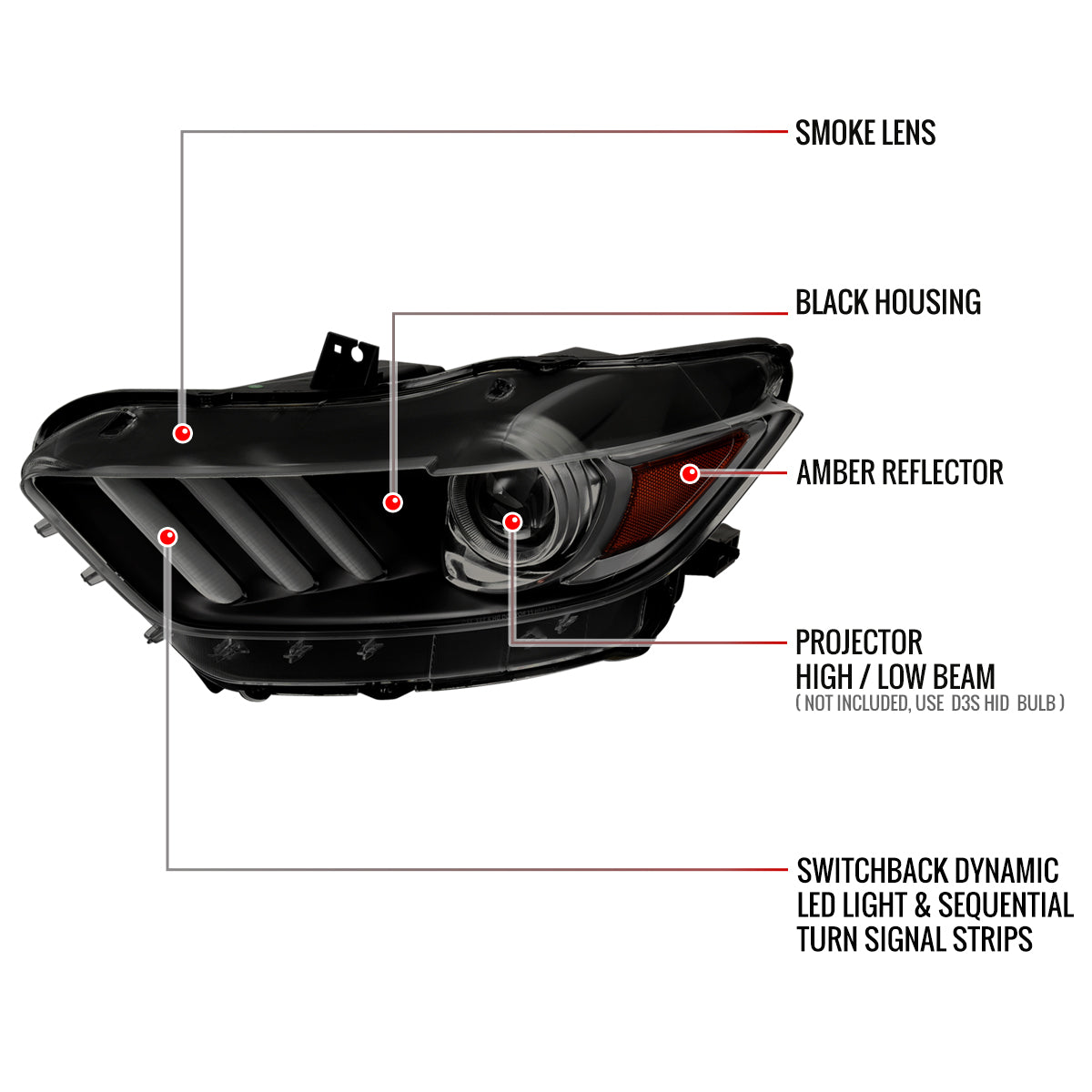 2015-2017 Ford Mustang HID/Xenon Switchback Sequential LED Turn Signal Projector Headlights (Matte Black Housing/Smoked Lens)