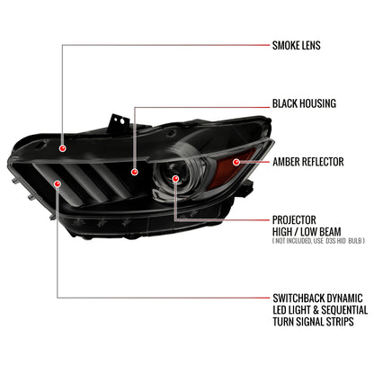 2015-2017 Ford Mustang HID/Xenon Switchback Sequential LED Turn Signal Projector Headlights (Matte Black Housing/Smoked Lens)
