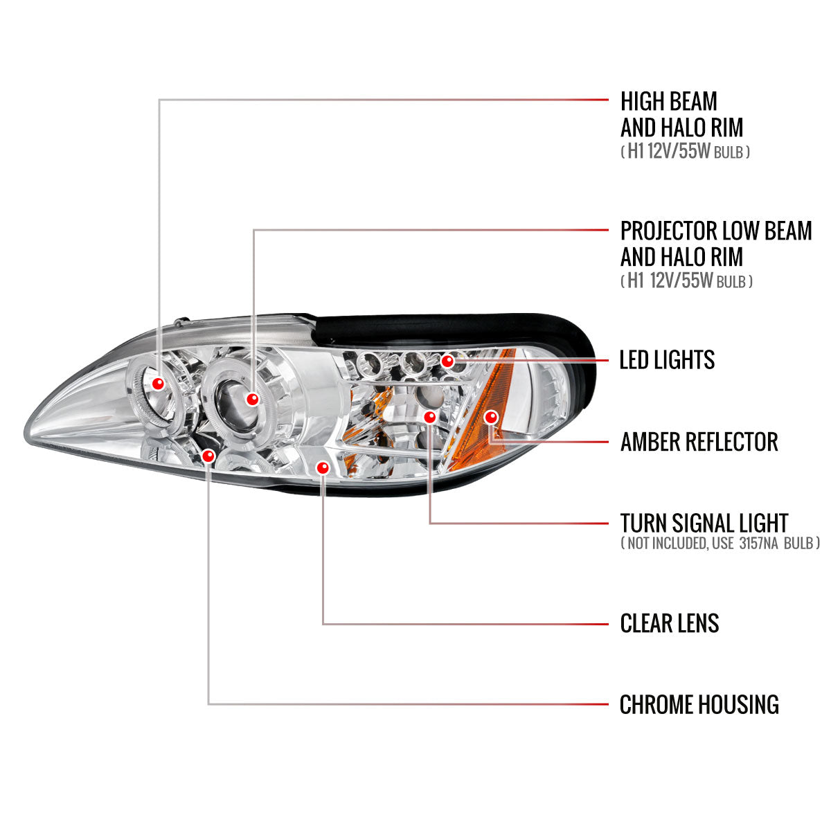 1994-1998 Ford Mustang Dual Halo Projector Headlights (Chrome Housing/Clear Lens)