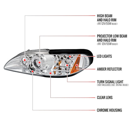 1994-1998 Ford Mustang Dual Halo Projector Headlights (Chrome Housing/Clear Lens)